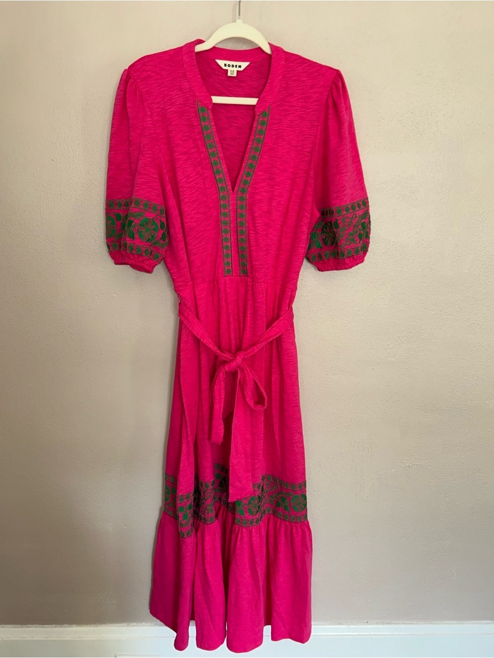 Boden Hot Pink puff sleeve belted Maxi Dress Green Embroidered Trim boho NWOT - Picture 4 of 6